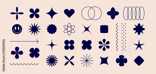 Futuristic graphic form. Set of geometric design element, shape symbol for pattern, graphic, web design, minimalist geometric sign, star, flower, collection abstract form. Vector Illustration