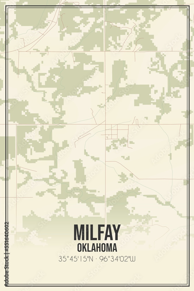 Retro US city map of Milfay, Oklahoma. Vintage street map.