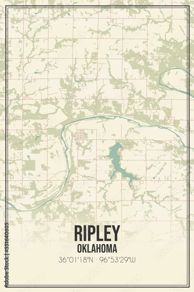 Retro US city map of Ripley, Oklahoma. Vintage street map.