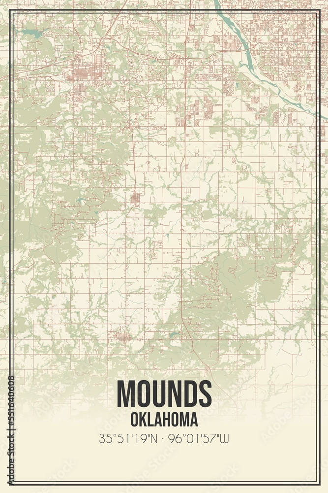 Retro US city map of Mounds, Oklahoma. Vintage street map.