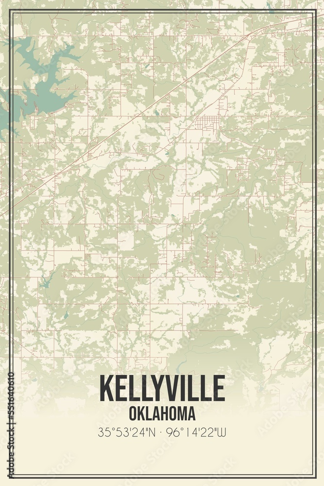 Retro US city map of Kellyville, Oklahoma. Vintage street map.
