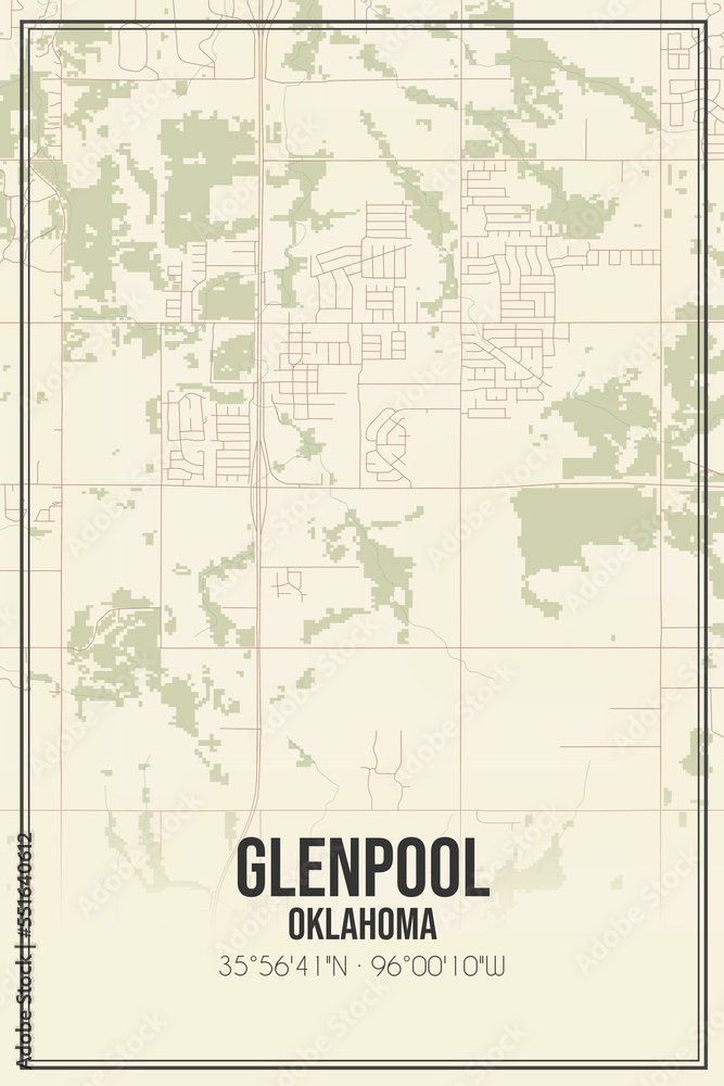 Retro US city map of Glenpool, Oklahoma. Vintage street map.