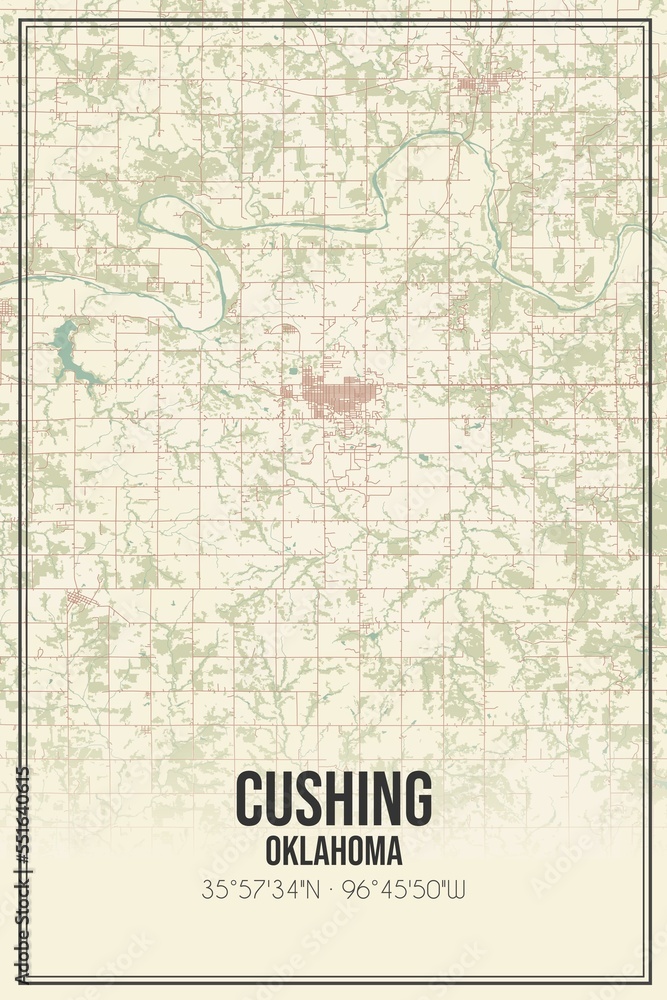 Retro US city map of Cushing, Oklahoma. Vintage street map.