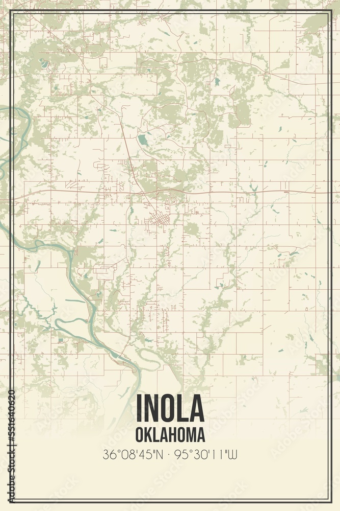 Retro US city map of Inola, Oklahoma. Vintage street map.