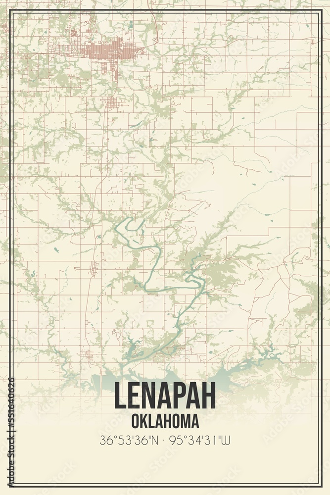 Retro US city map of Lenapah, Oklahoma. Vintage street map.
