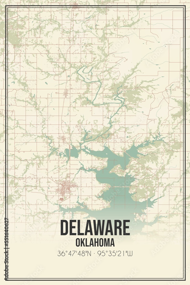 Retro US city map of Delaware, Oklahoma. Vintage street map.