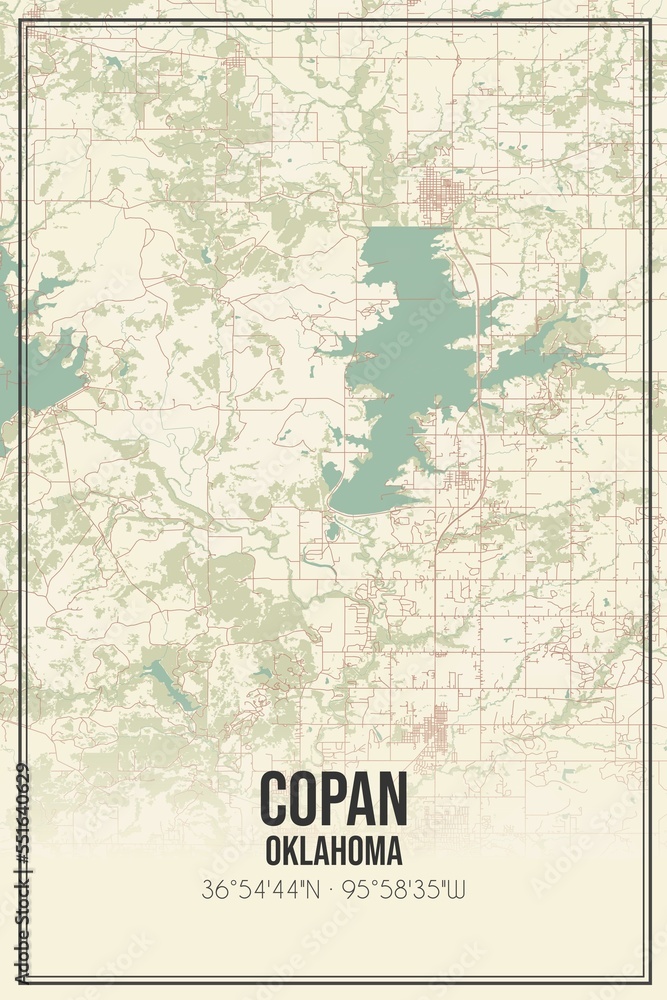 Retro US city map of Copan, Oklahoma. Vintage street map.