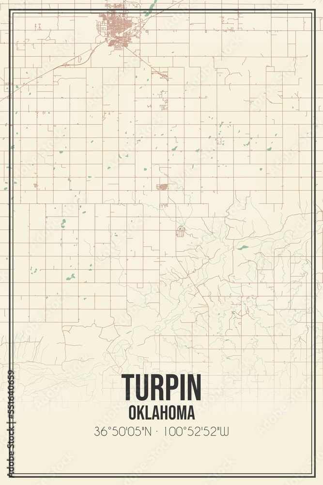 Retro US city map of Turpin, Oklahoma. Vintage street map.