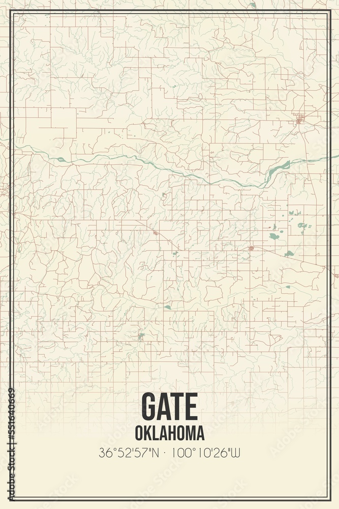 Retro US city map of Gate, Oklahoma. Vintage street map.