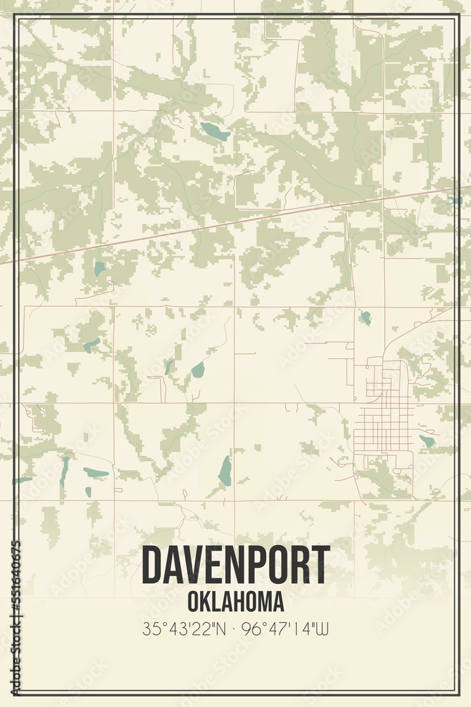 Retro US city map of Davenport, Oklahoma. Vintage street map.
