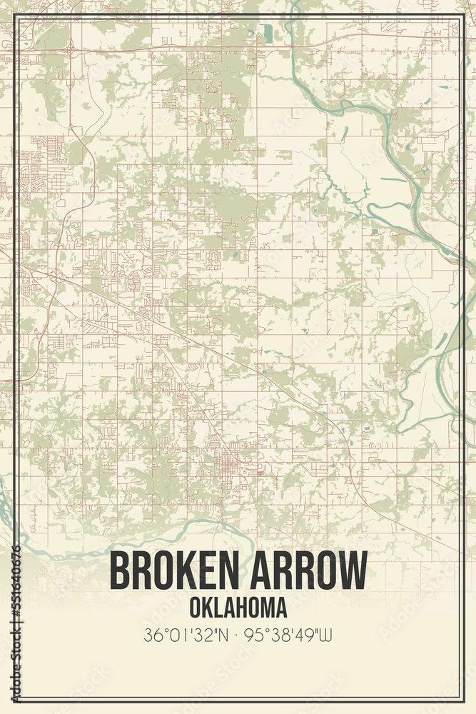 Retro US city map of Broken Arrow, Oklahoma. Vintage street map.