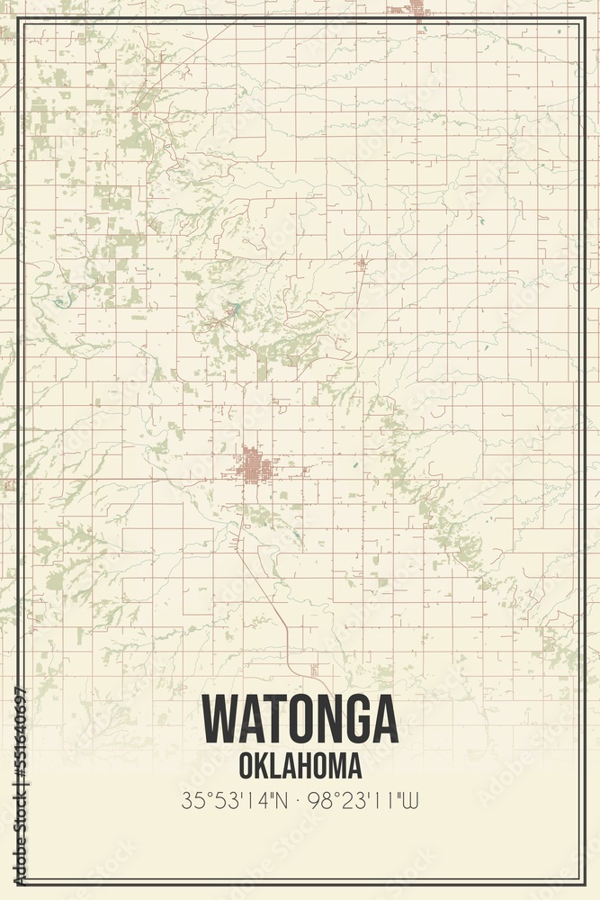 Retro US city map of Watonga, Oklahoma. Vintage street map.