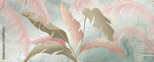 Art background with tropical palm leaves in a watercolor style in green and pink colors. Botanical banner with exotic plants for decoration, wallpaper, print, textile, interior design.
