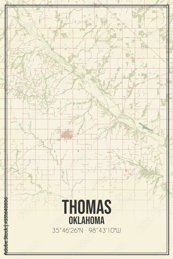 Retro US city map of Thomas, Oklahoma. Vintage street map.