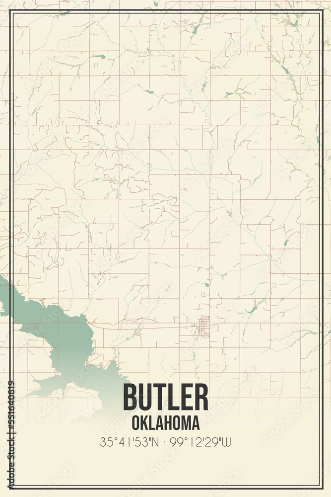 Retro US city map of Butler, Oklahoma. Vintage street map.