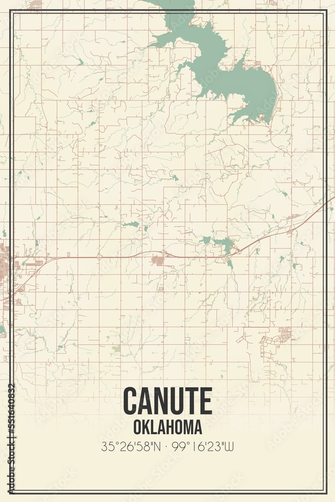 Retro US city map of Canute, Oklahoma. Vintage street map.