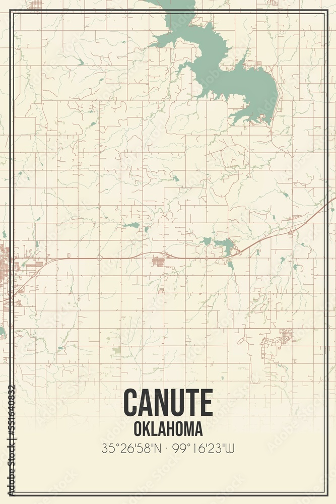 Obraz premium Retro US city map of Canute, Oklahoma. Vintage street map.
