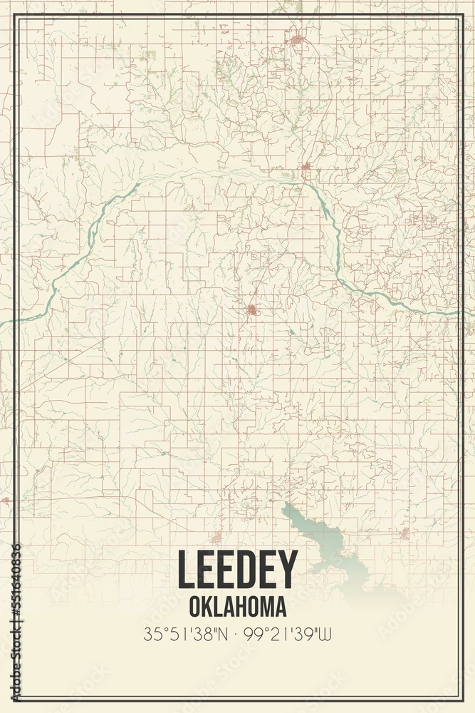 Retro US city map of Leedey, Oklahoma. Vintage street map.