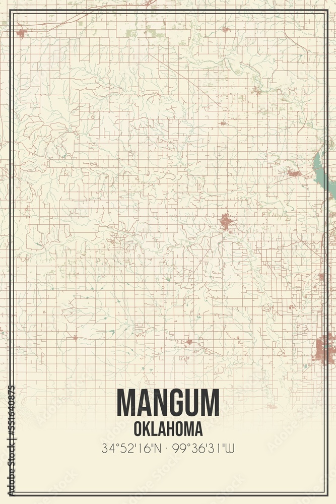Retro US city map of Mangum, Oklahoma. Vintage street map.