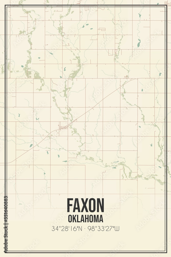 Retro US city map of Faxon, Oklahoma. Vintage street map.