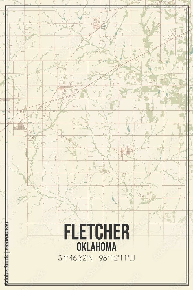 Retro US city map of Fletcher, Oklahoma. Vintage street map.