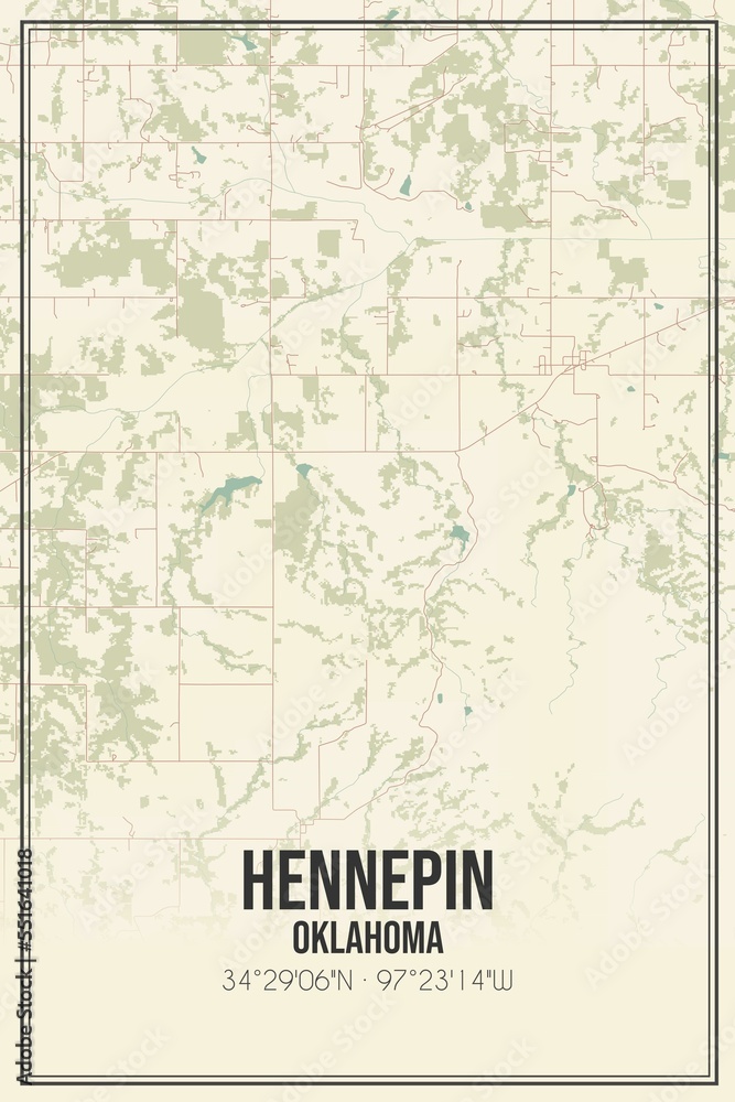 Retro US city map of Hennepin, Oklahoma. Vintage street map.