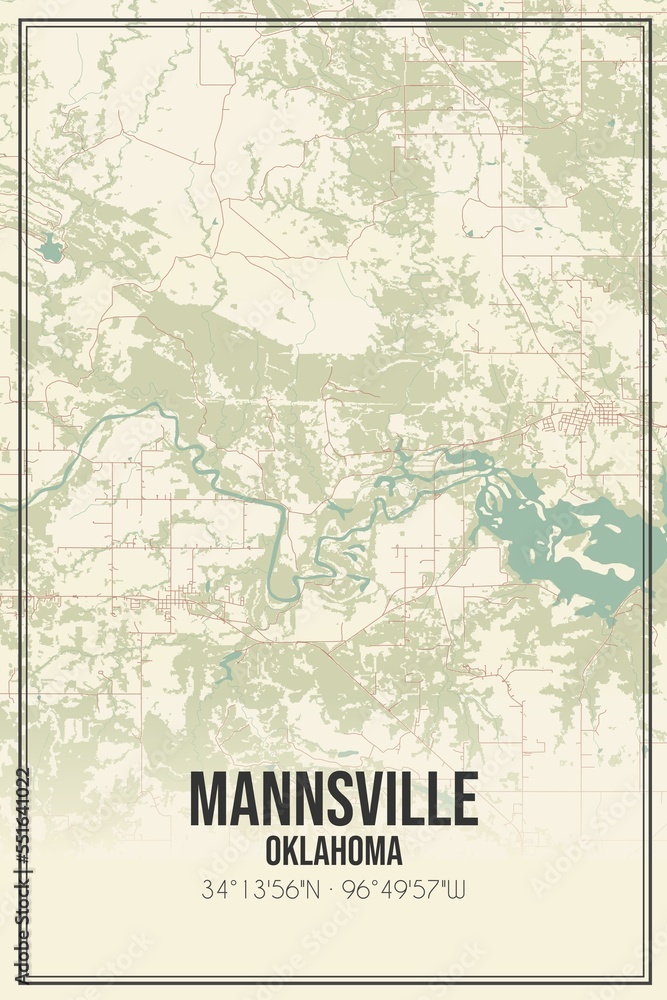 Retro US city map of Mannsville, Oklahoma. Vintage street map.