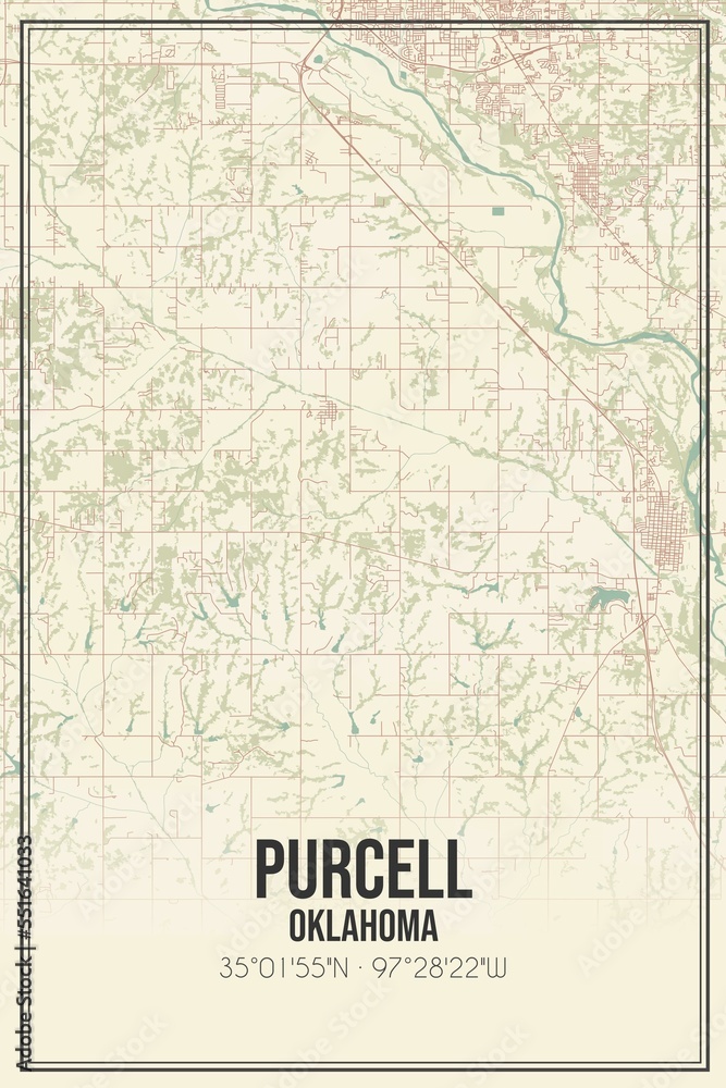 Retro US city map of Purcell, Oklahoma. Vintage street map.