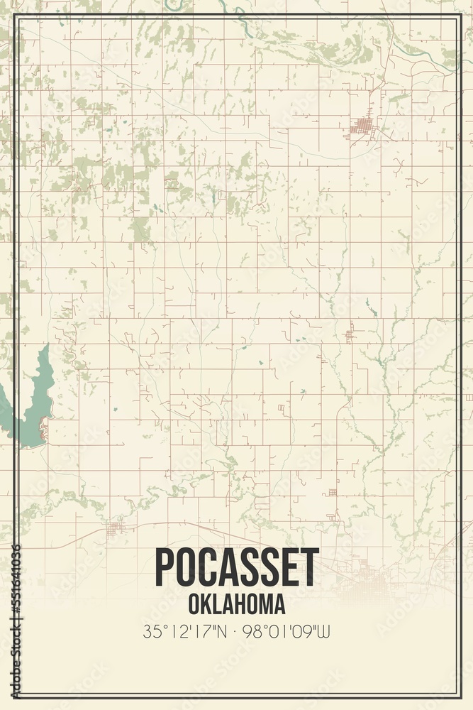 Retro US city map of Pocasset, Oklahoma. Vintage street map.