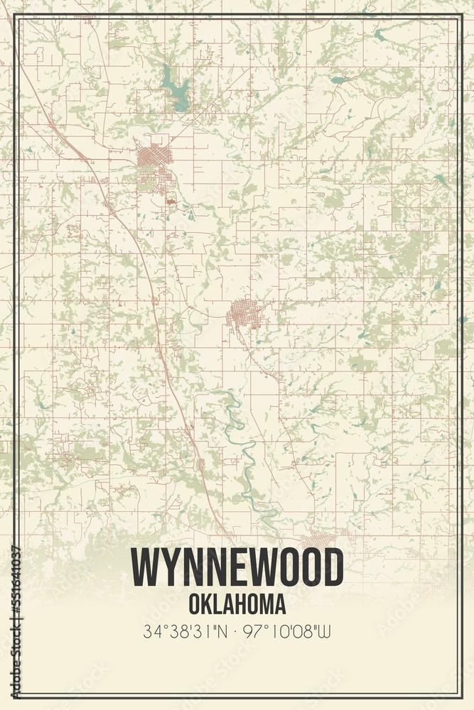 Retro US city map of Wynnewood, Oklahoma. Vintage street map.