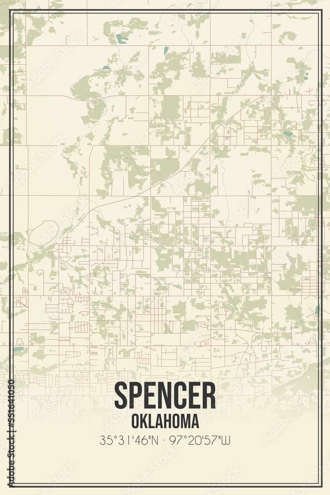 Retro US city map of Spencer, Oklahoma. Vintage street map.