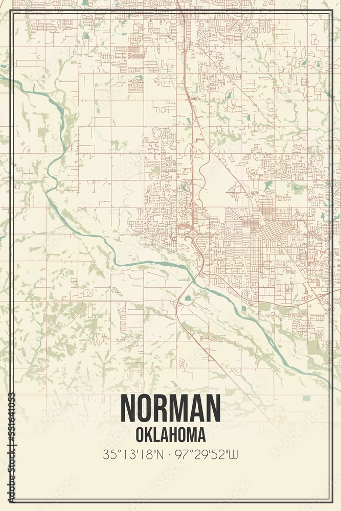 Retro US city map of Norman, Oklahoma. Vintage street map.