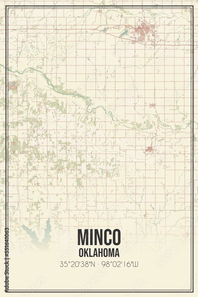 Obraz premium Retro US city map of Minco, Oklahoma. Vintage street map.