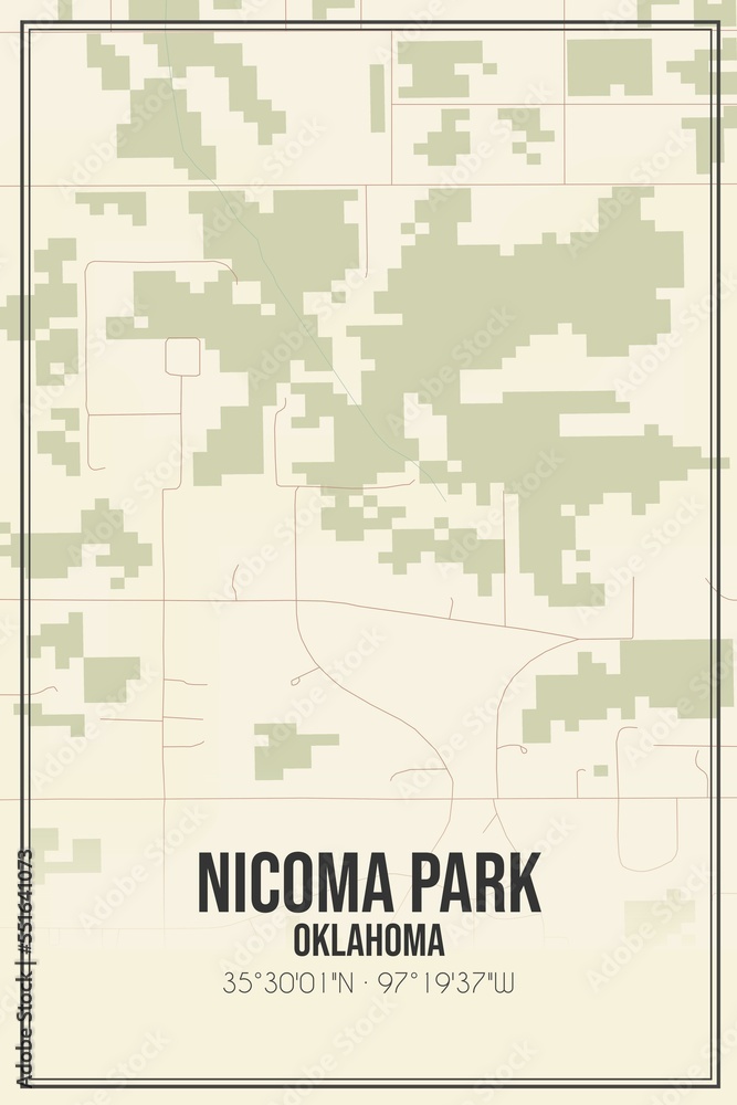 Retro US city map of Nicoma Park, Oklahoma. Vintage street map.