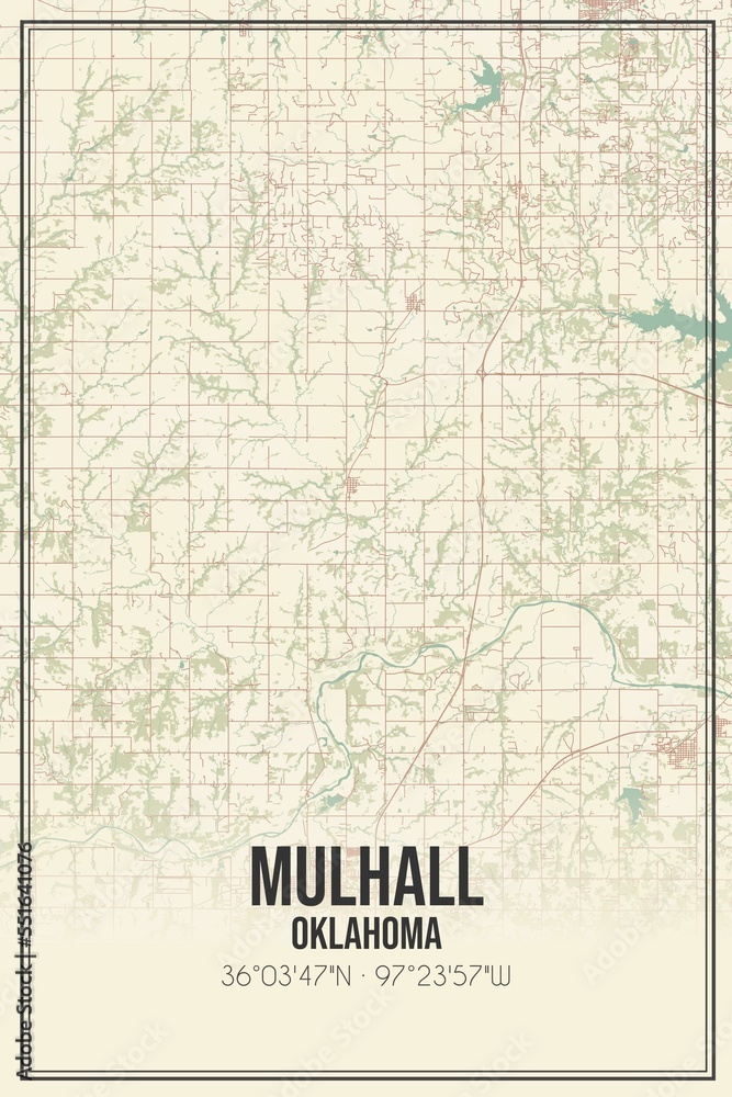 Retro US city map of Mulhall, Oklahoma. Vintage street map.