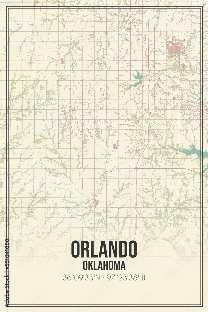 Retro US city map of Orlando, Oklahoma. Vintage street map.
