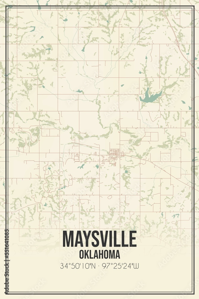 Retro US city map of Maysville, Oklahoma. Vintage street map.