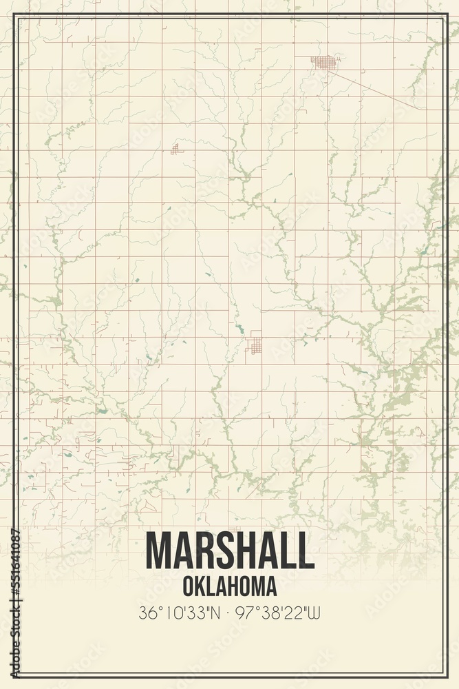 Fototapeta premium Retro US city map of Marshall, Oklahoma. Vintage street map.