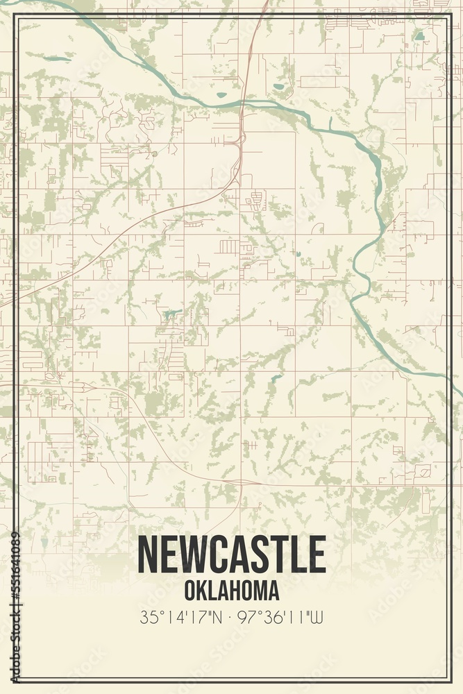 Retro US city map of Newcastle, Oklahoma. Vintage street map.