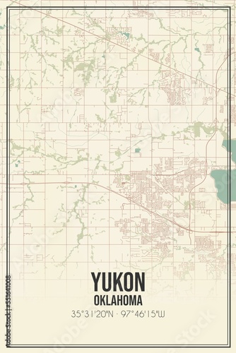 Retro US city map of Yukon, Oklahoma. Vintage street map.