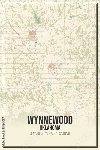 Retro US city map of Wynnewood  Oklahoma. Vintage street map.