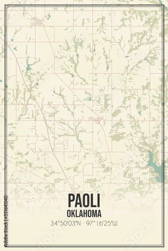 Retro US city map of Paoli, Oklahoma. Vintage street map. © Rezona