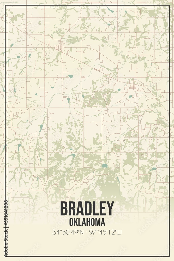 Retro US city map of Bradley, Oklahoma. Vintage street map.
