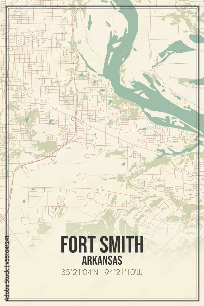 Retro US city map of Fort Smith, Arkansas. Vintage street map.