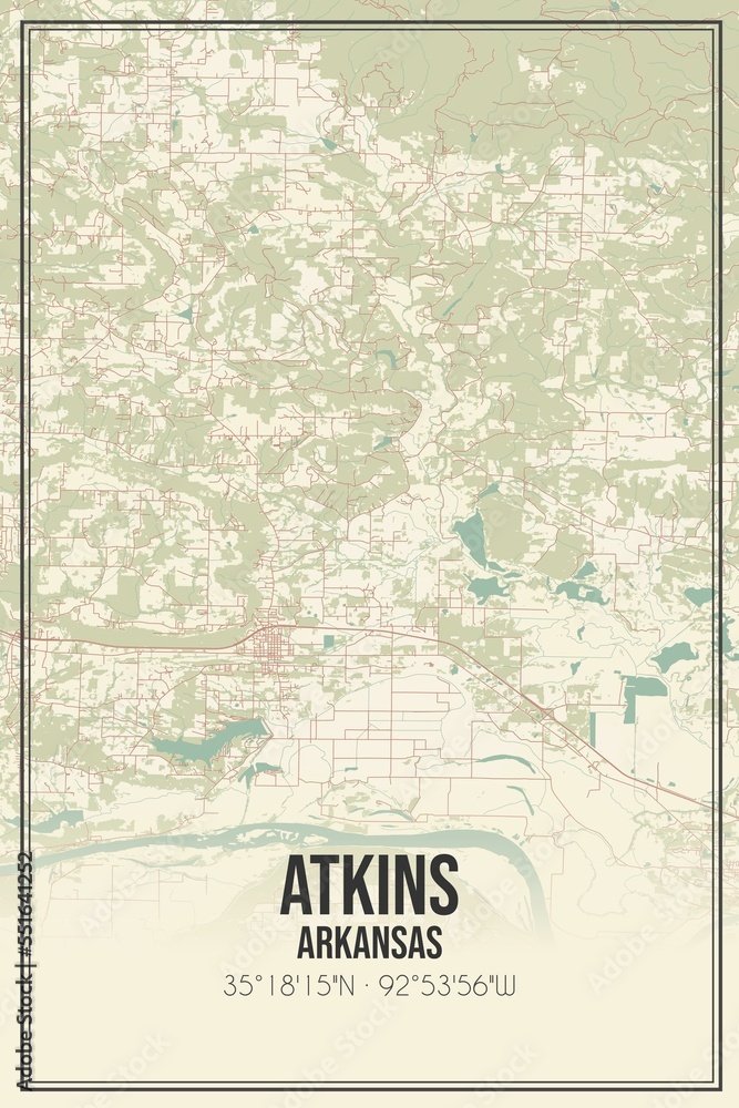 Fototapeta premium Retro US city map of Atkins, Arkansas. Vintage street map.