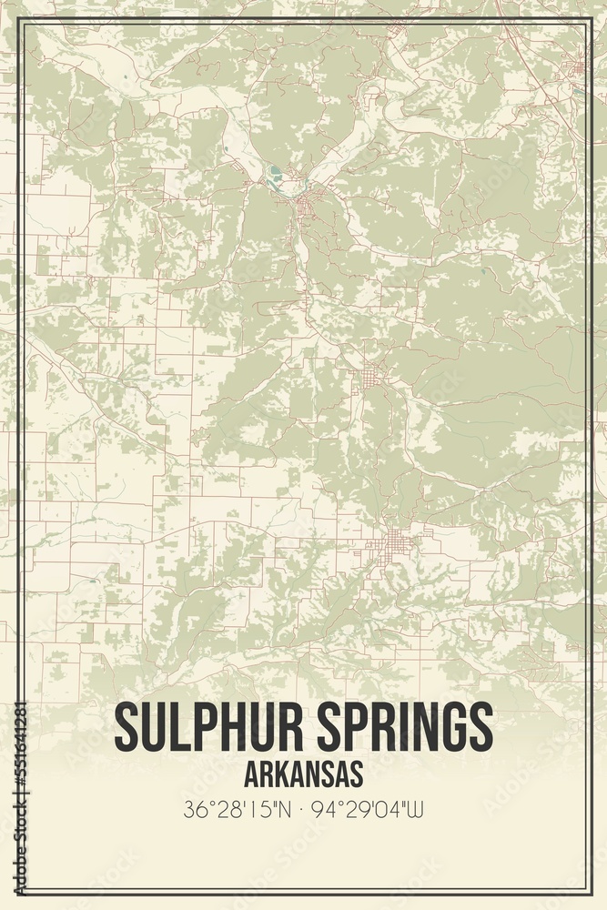 Retro US city map of Sulphur Springs, Arkansas. Vintage street map.