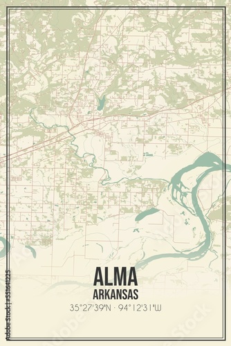 Εκτύπωση καμβά Retro US city map of Alma, Arkansas. Vintage street map.
