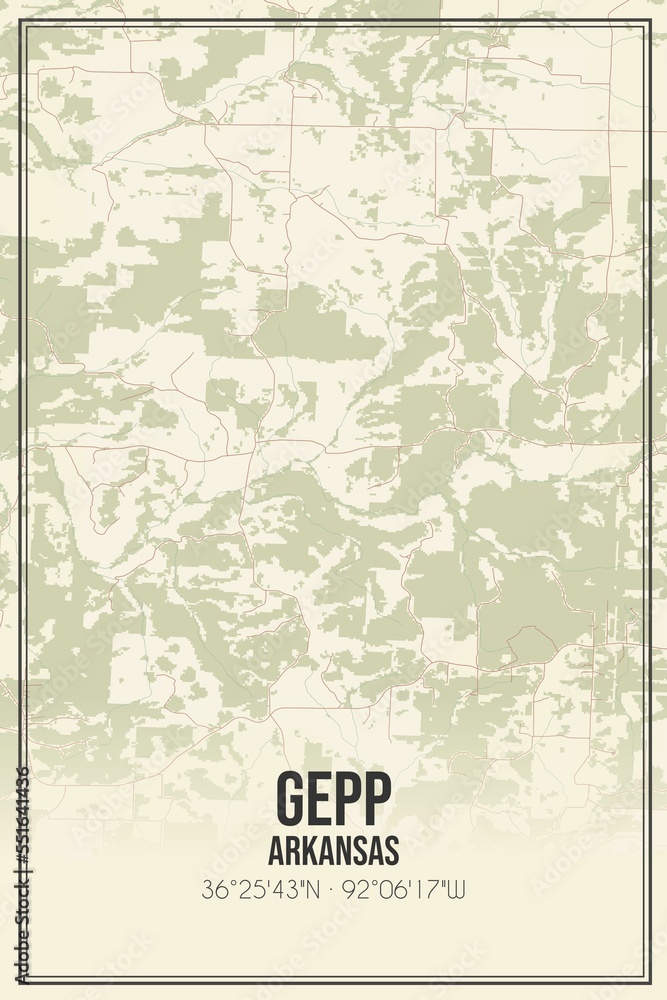 Retro US city map of Gepp, Arkansas. Vintage street map.