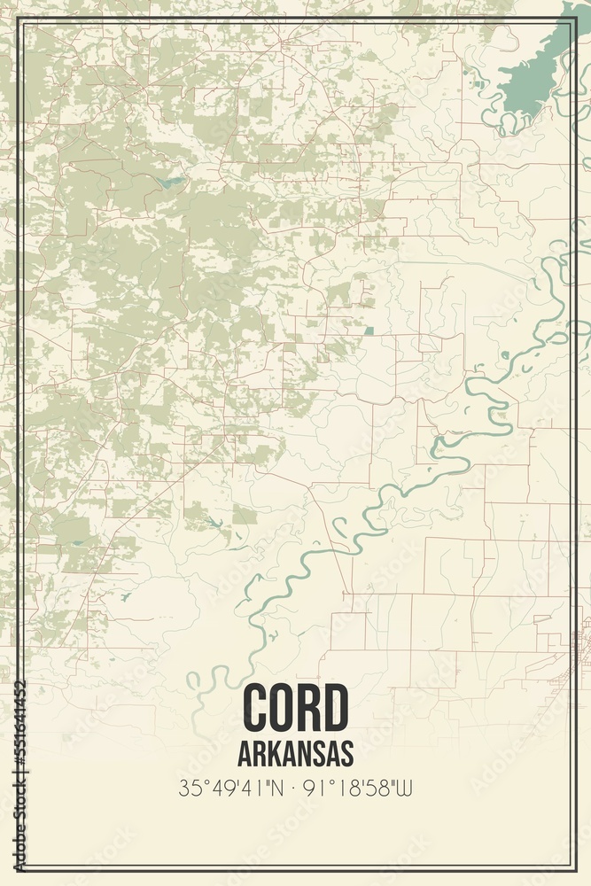 Retro US city map of Cord, Arkansas. Vintage street map.