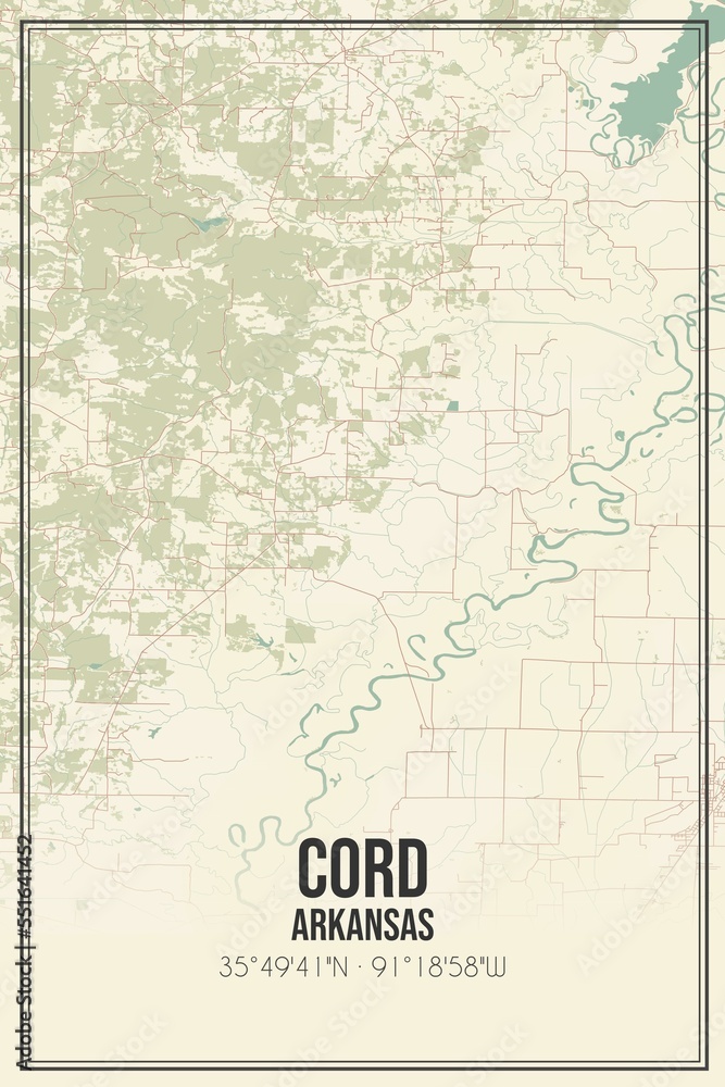 Fototapeta premium Retro US city map of Cord, Arkansas. Vintage street map.